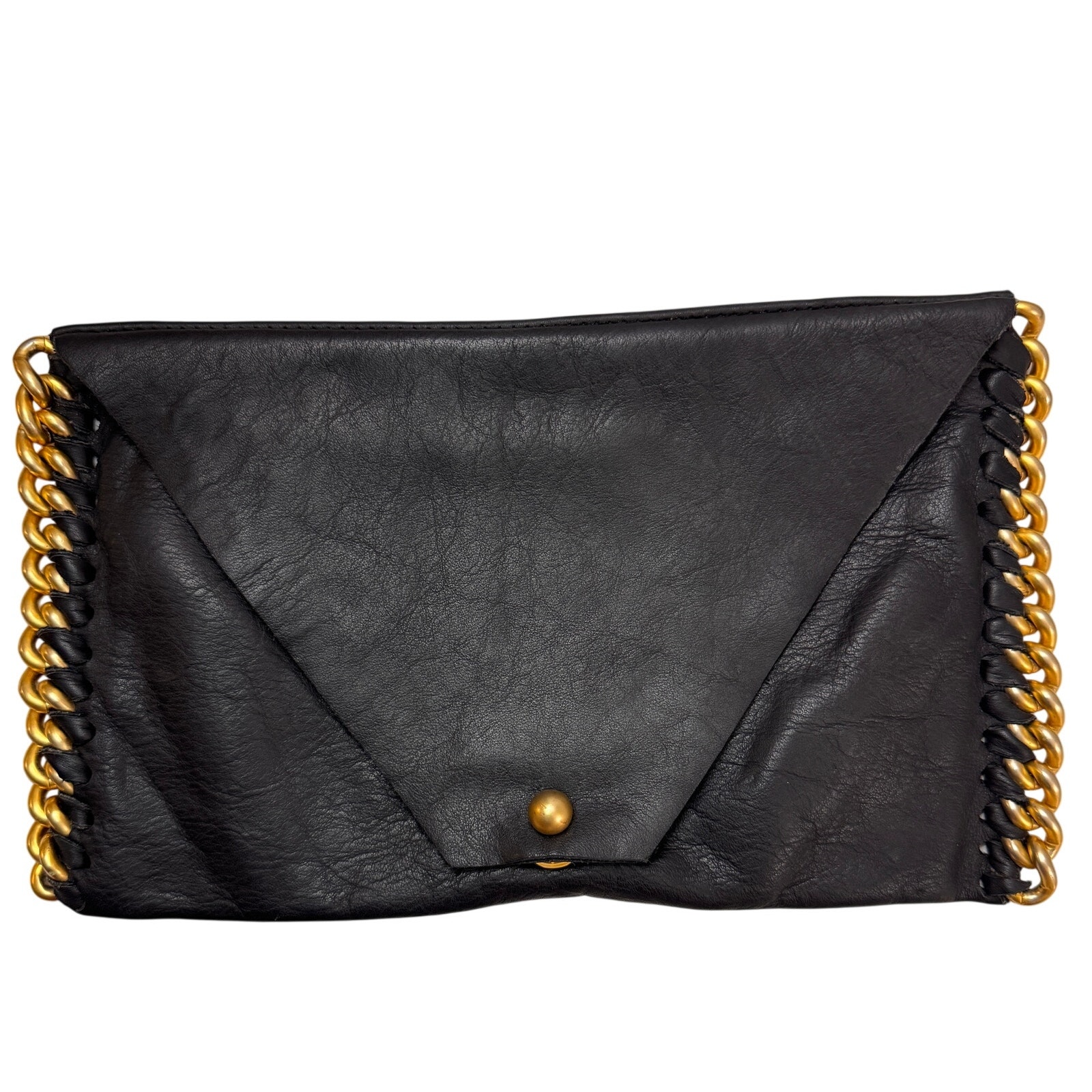 Madison Kelly Nyc Black Textured Leather Gold Chain Magnetic Flap Clutch Handbag